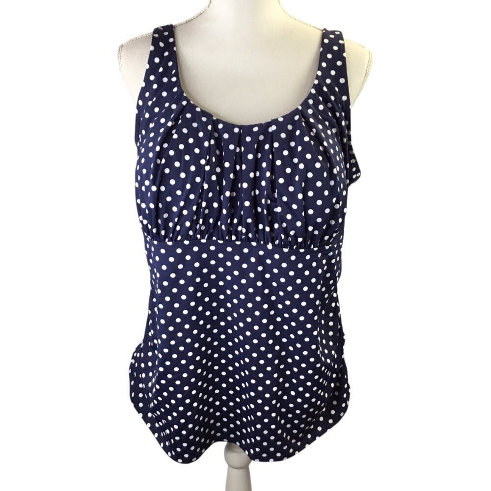 Lands End NWT  Tankini Women's 22W Navy Blue Polka Dot Adjustable Straps Ruched